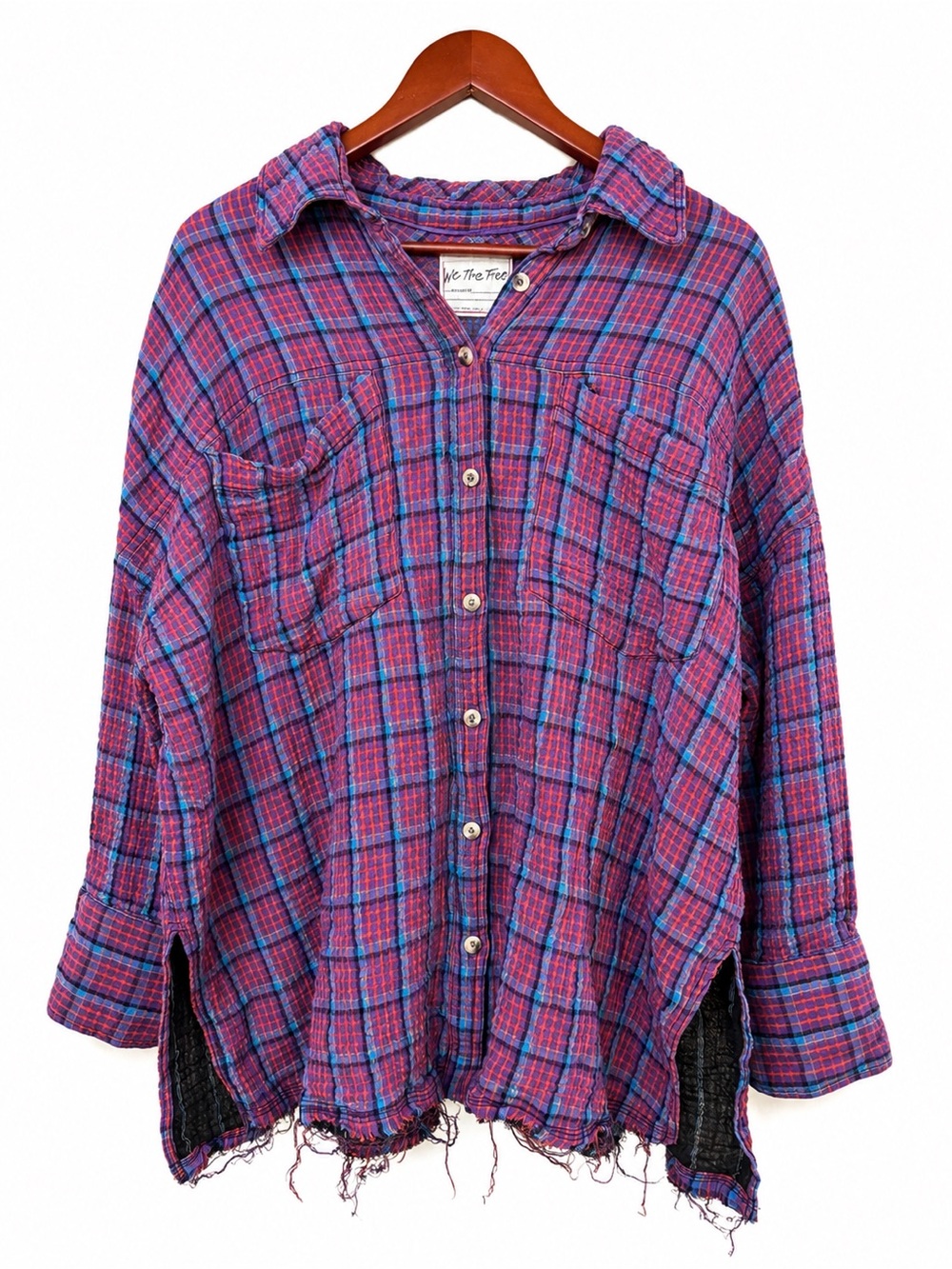 Free People Plaid Gauze Shirt Women's M Oversized Raw Hem Button Down